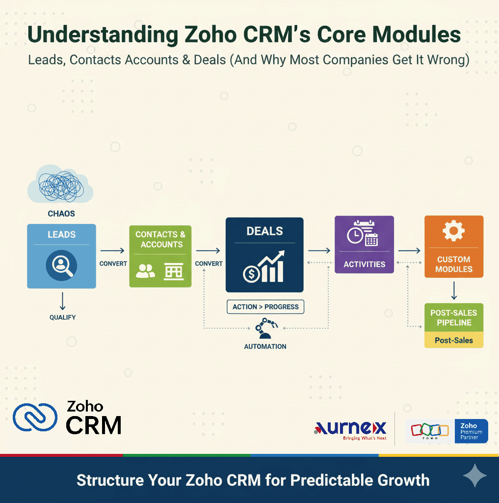 Zoho CRM Leads, Contacts, Accounts & Deals Guide illustration